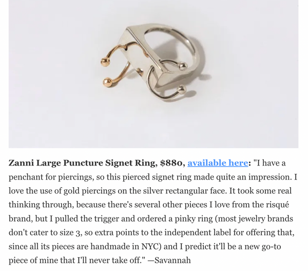 Gold and silver ring on a white background with text about the ring's features and price.