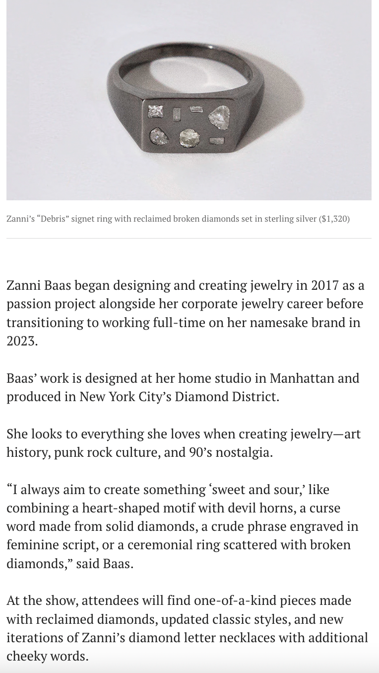 Zanni Baas 'Debris' signet ring with reclaimed broken diamonds on a light gray background